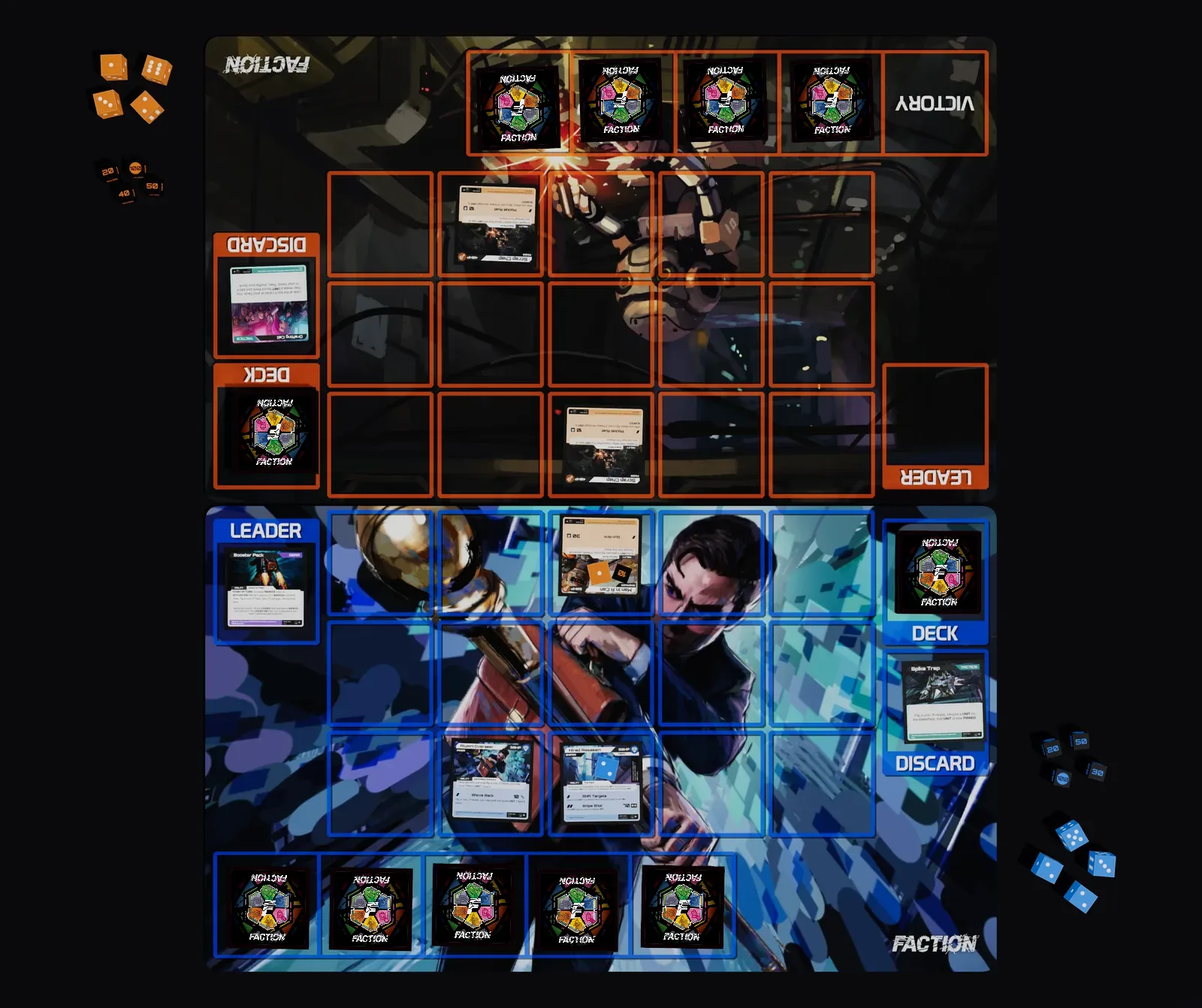 Two FACTION playmats laid out mid-game, with cards on the battlefield and dice beside them